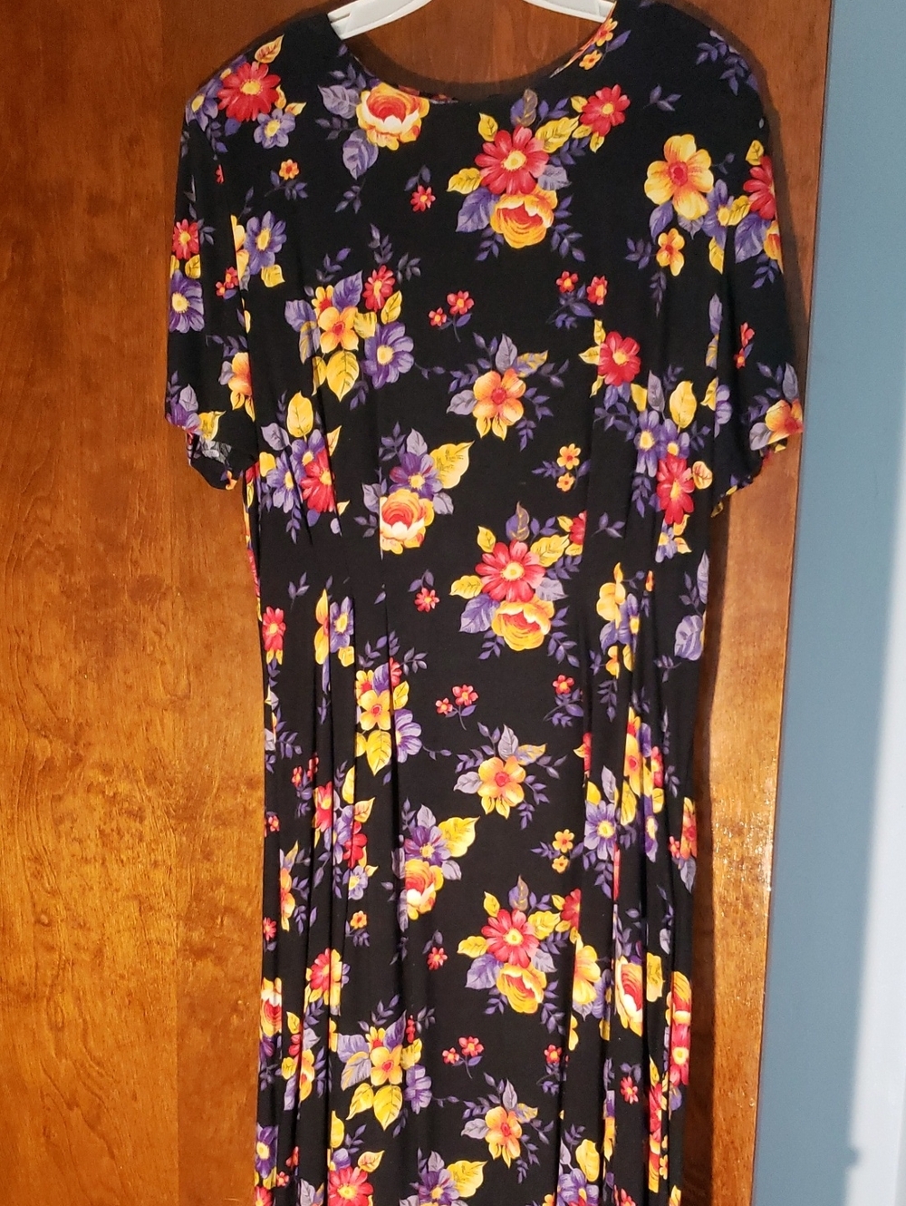 Impressions Black Midi Dress with Yellow & Purple Floral Design